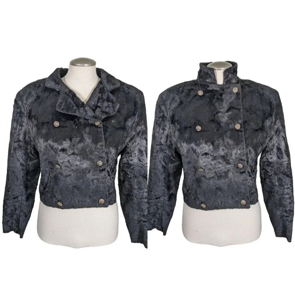 Vintage Womens Jacket Faux Fur Cropped Coat Med Black Mob Wife Designer France